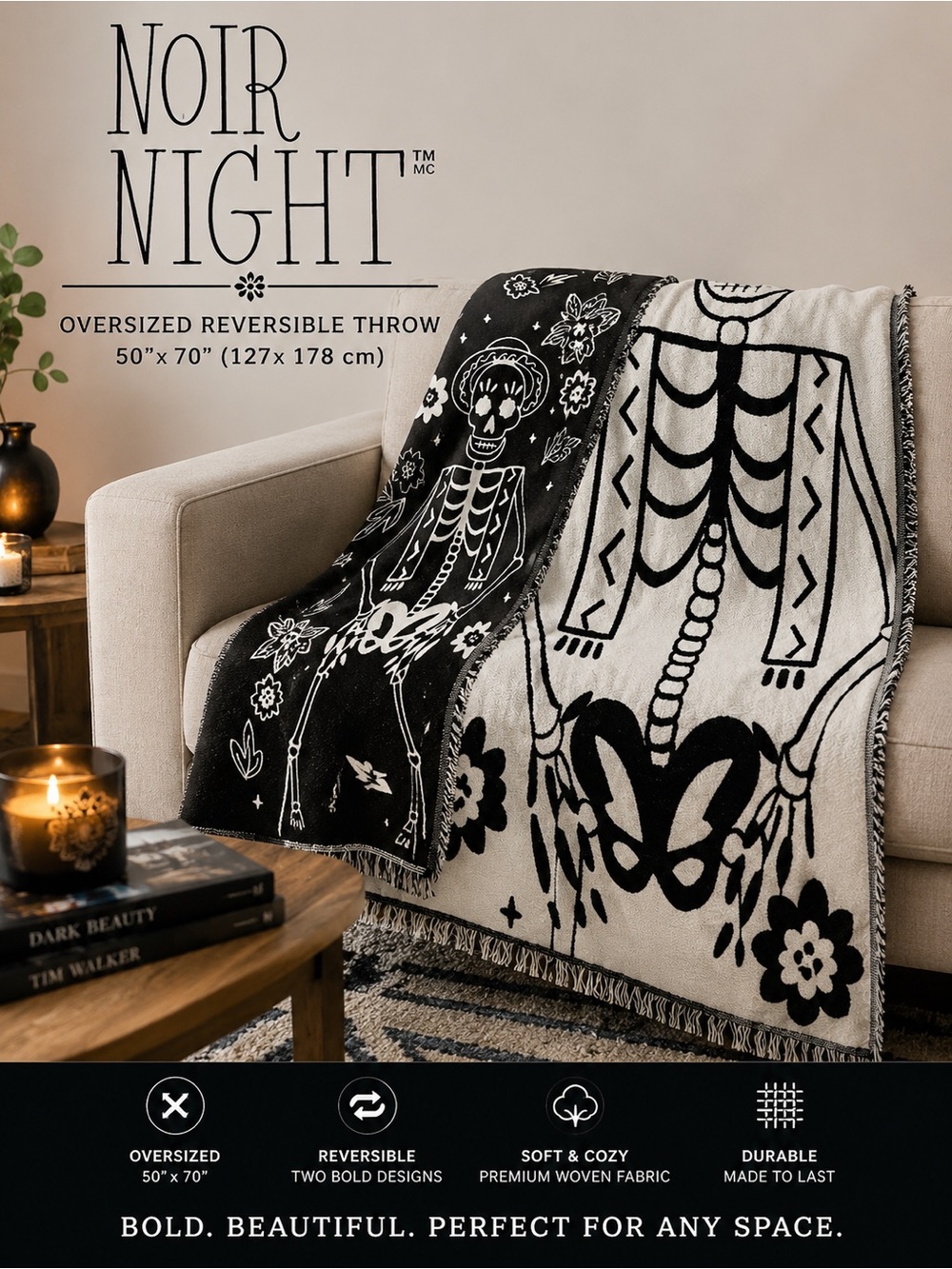 Reversible Skeleton Throw Blanket - Black & Cream - Picture 1 of 6